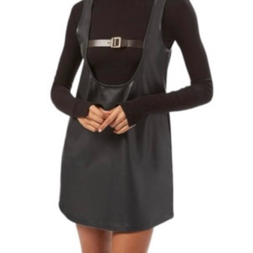 WeWoreWhat Black Faux Leather Dress with Gold Buckle